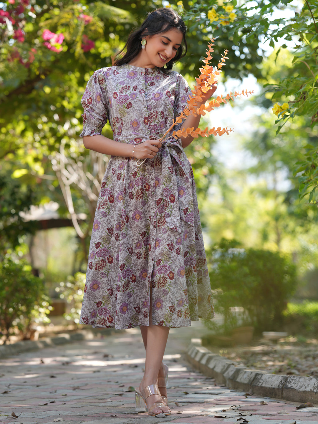 Light Grey Pure Cotton Floral Printed A-Line Dress