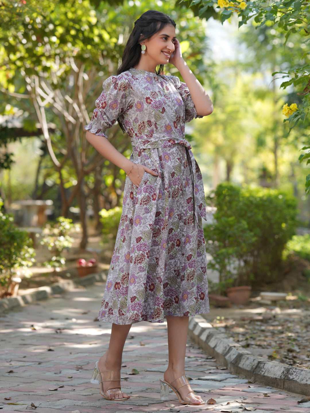 Light Grey Pure Cotton Floral Printed A-Line Dress