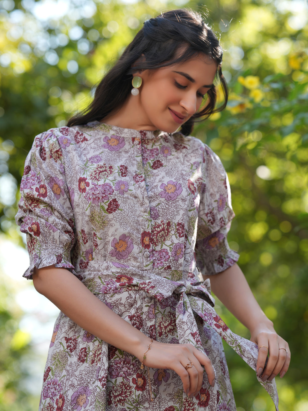 Light Grey Pure Cotton Floral Printed A-Line Dress