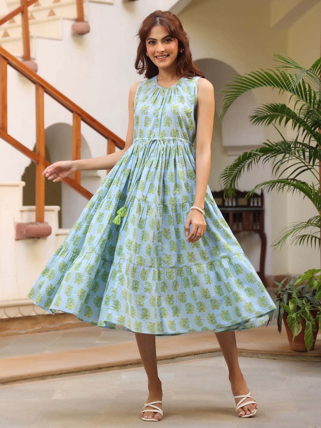 Light Blue Pure Cotton Paisley Printed Tiered Dress