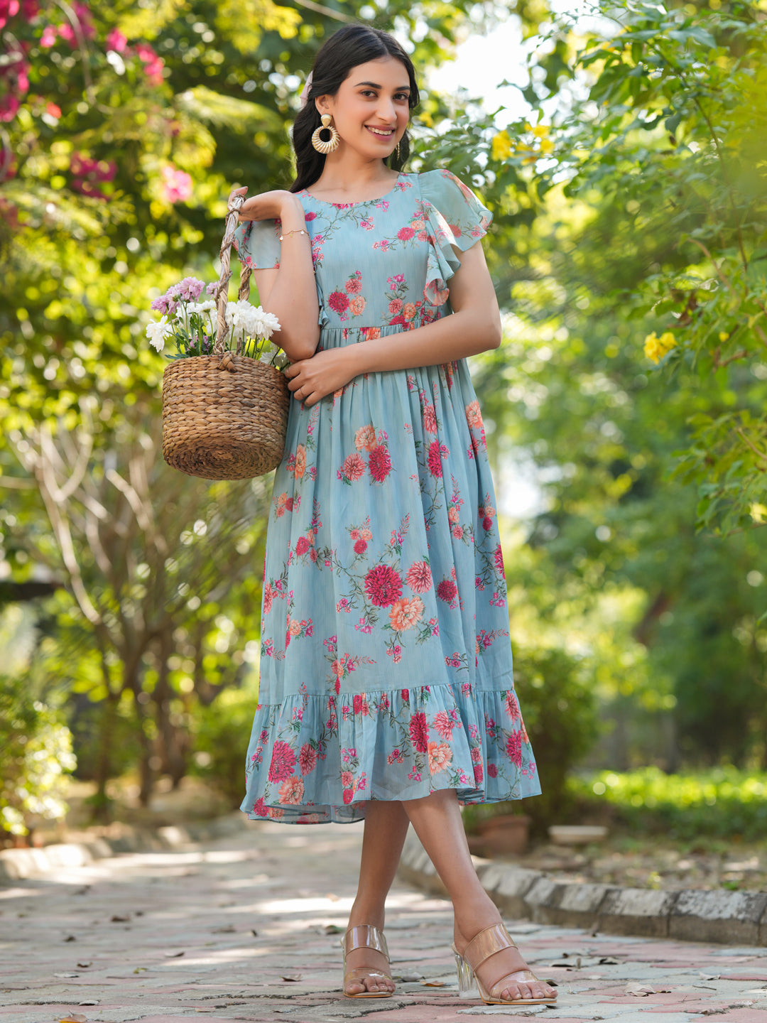 Light Blue Georgette Floral Printed Tiered Dress