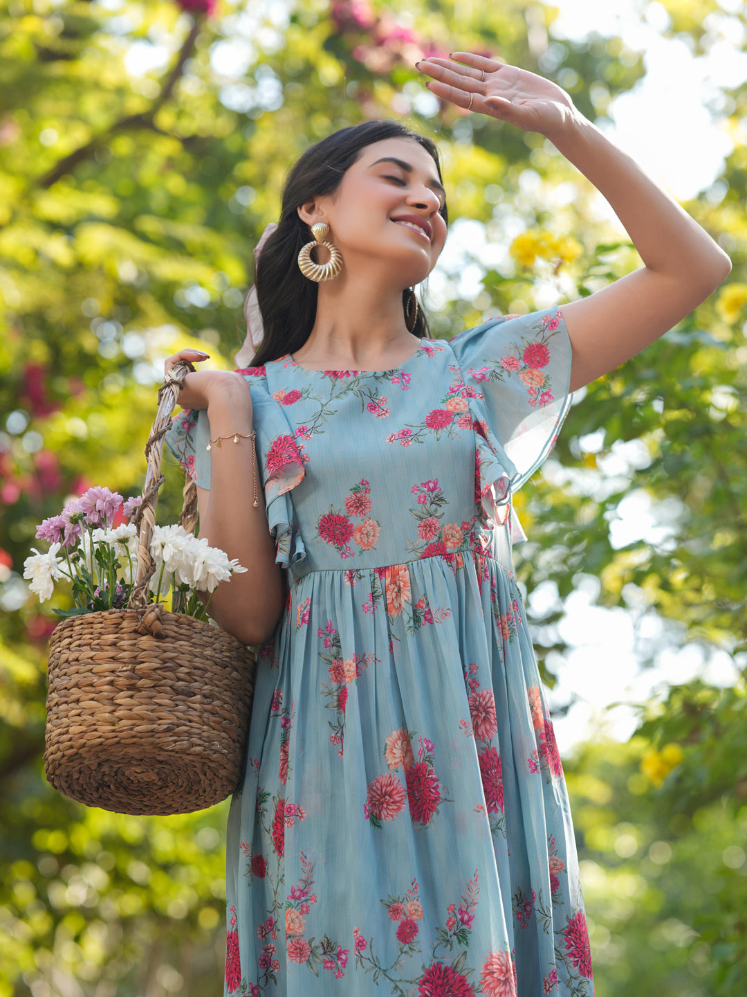 Light Blue Georgette Floral Printed Tiered Dress