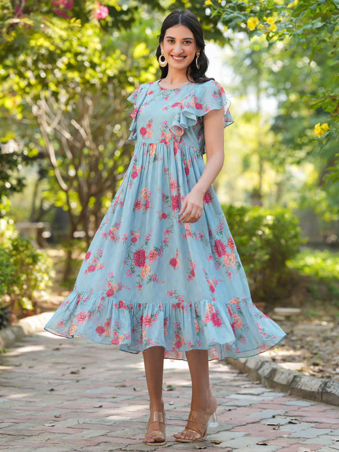 Light Blue Georgette Floral Printed Tiered Dress