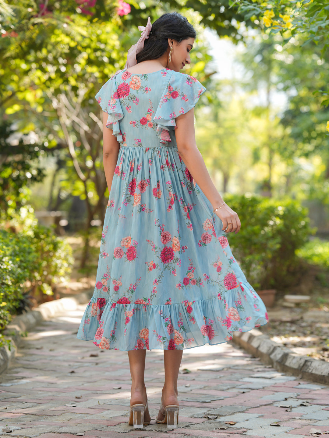 Light Blue Georgette Floral Printed Tiered Dress