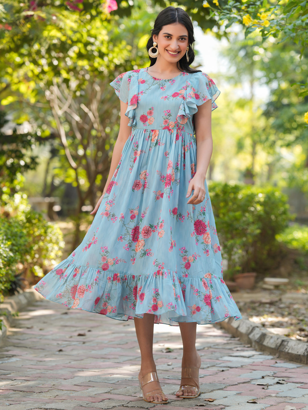 Light Blue Georgette Floral Printed Tiered Dress