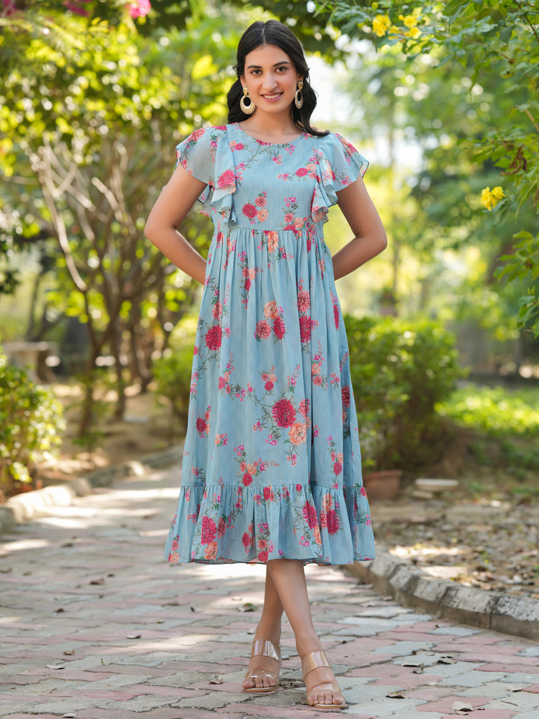 Light Blue Georgette Floral Printed Tiered Dress