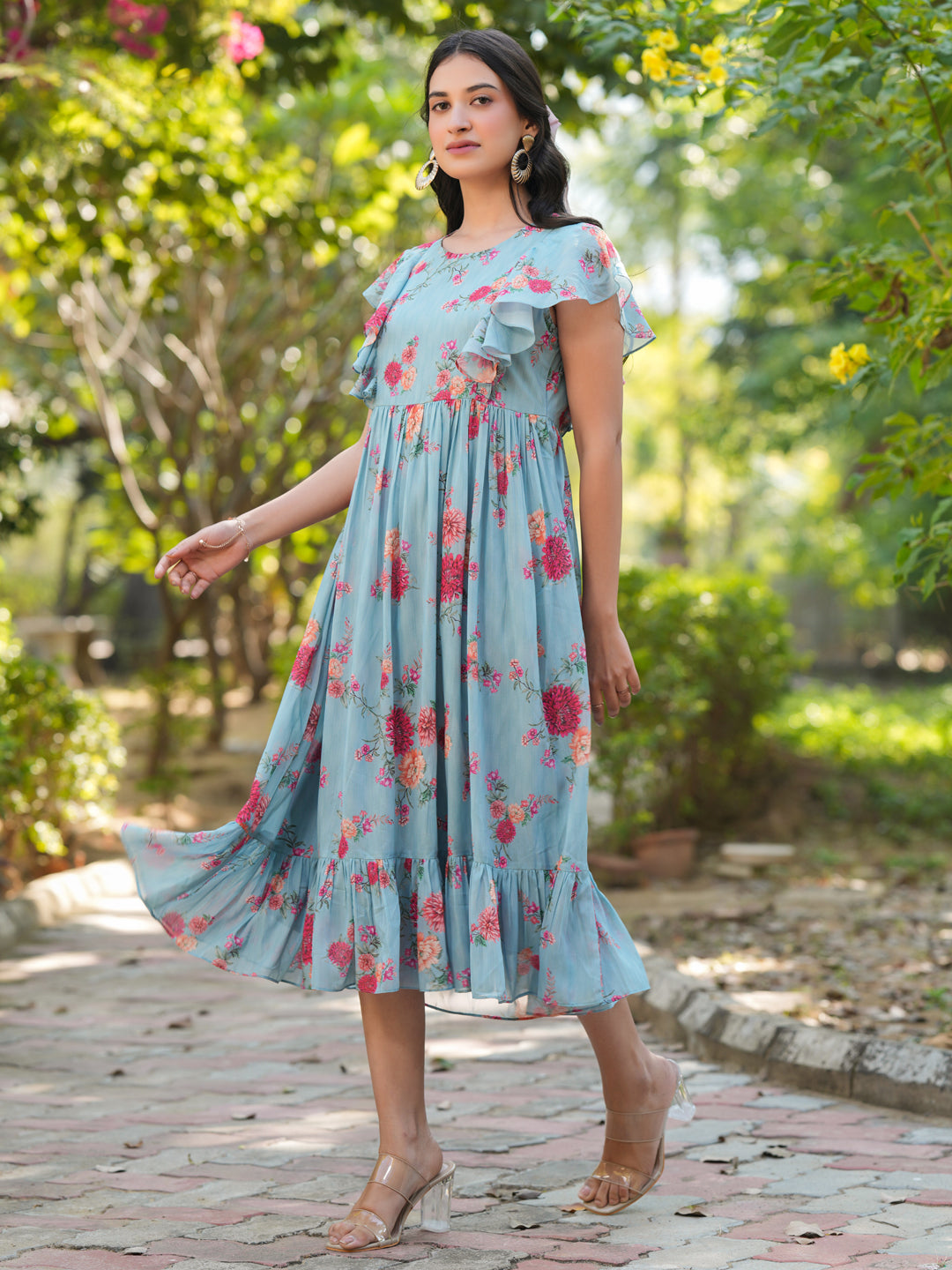 Light Blue Georgette Floral Printed Tiered Dress