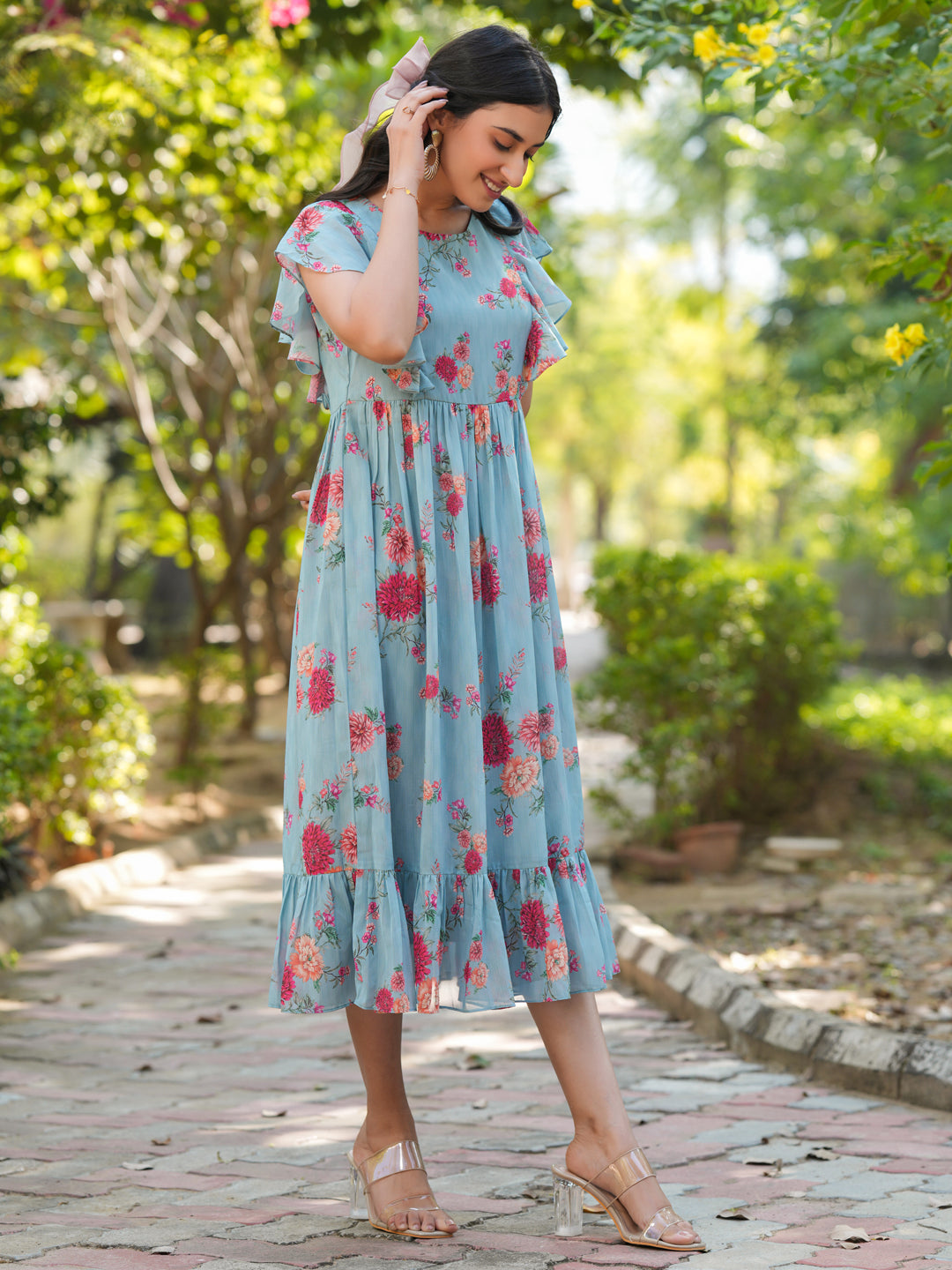 Light Blue Georgette Floral Printed Tiered Dress