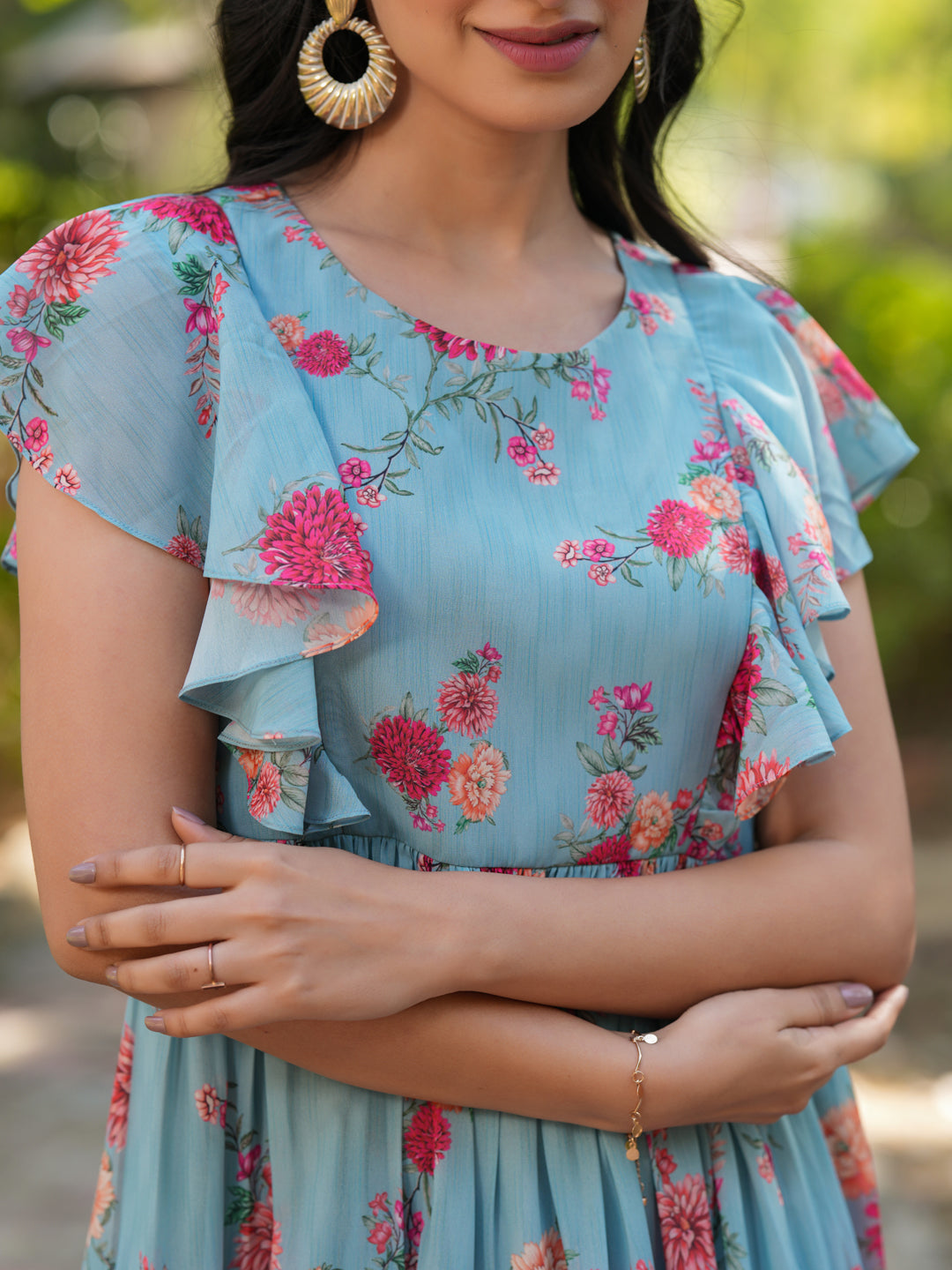 Light Blue Georgette Floral Printed Tiered Dress