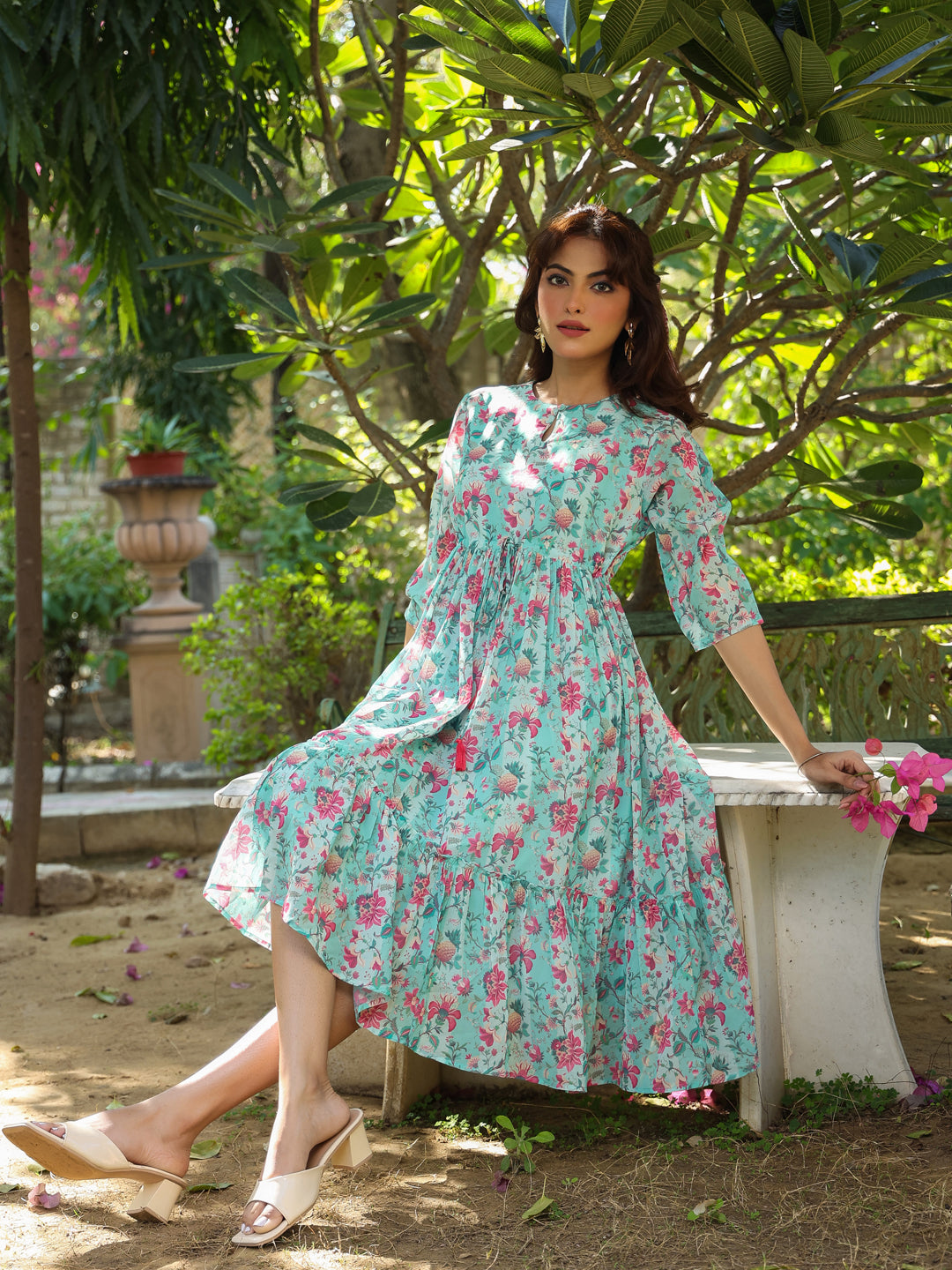 Turquoise Georgette Floral Printed Tiered Dress