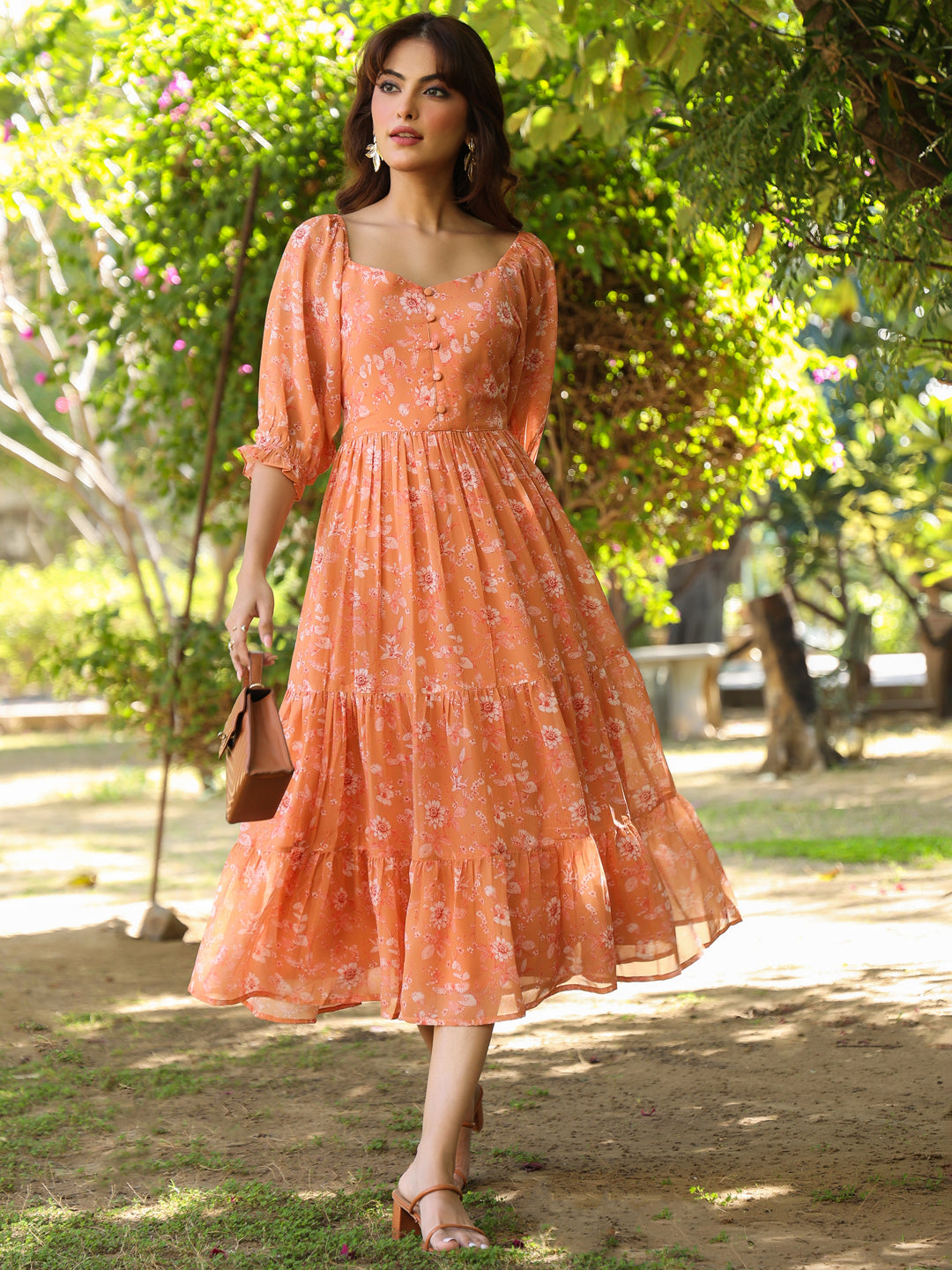 Orange Georgette Floral Printed Tiered Dress