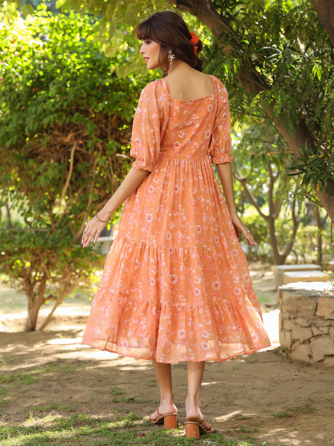 Orange Georgette Floral Printed Tiered Dress