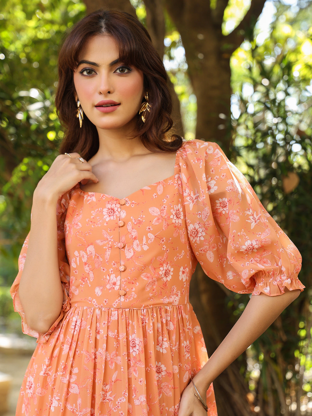 Orange Georgette Floral Printed Tiered Dress