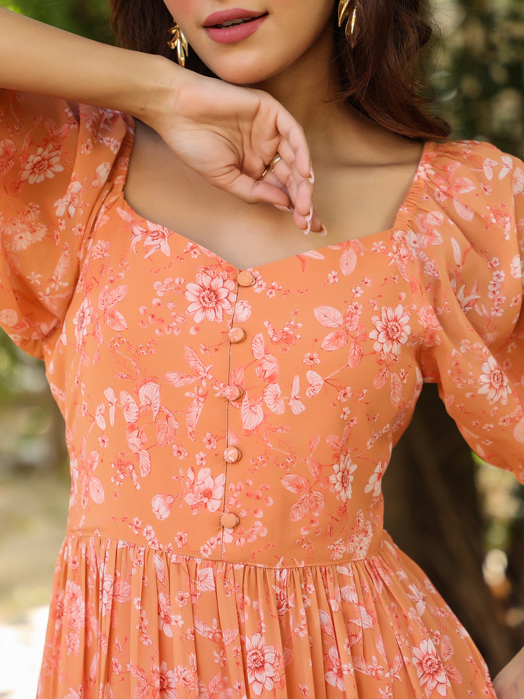 Orange Georgette Floral Printed Tiered Dress