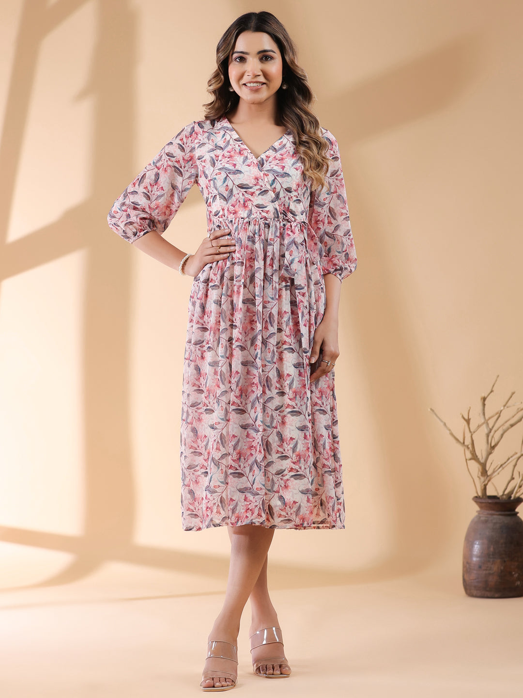 Cream Georgette Floral Printed Wrap Dress