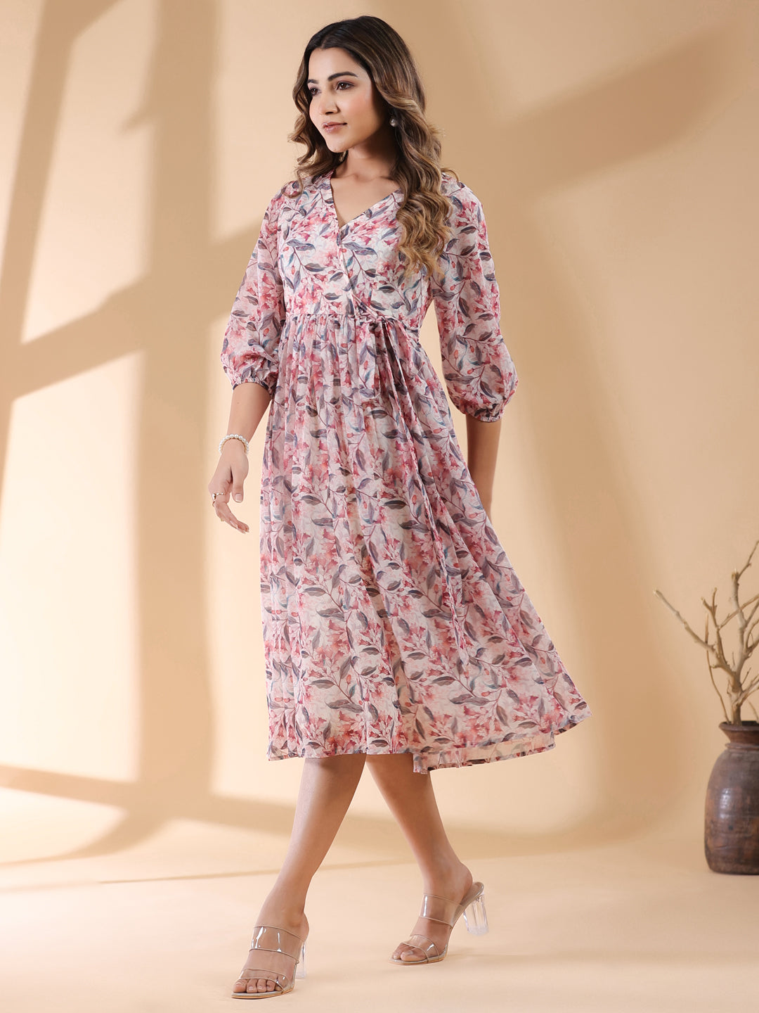 Cream Georgette Floral Printed Wrap Dress