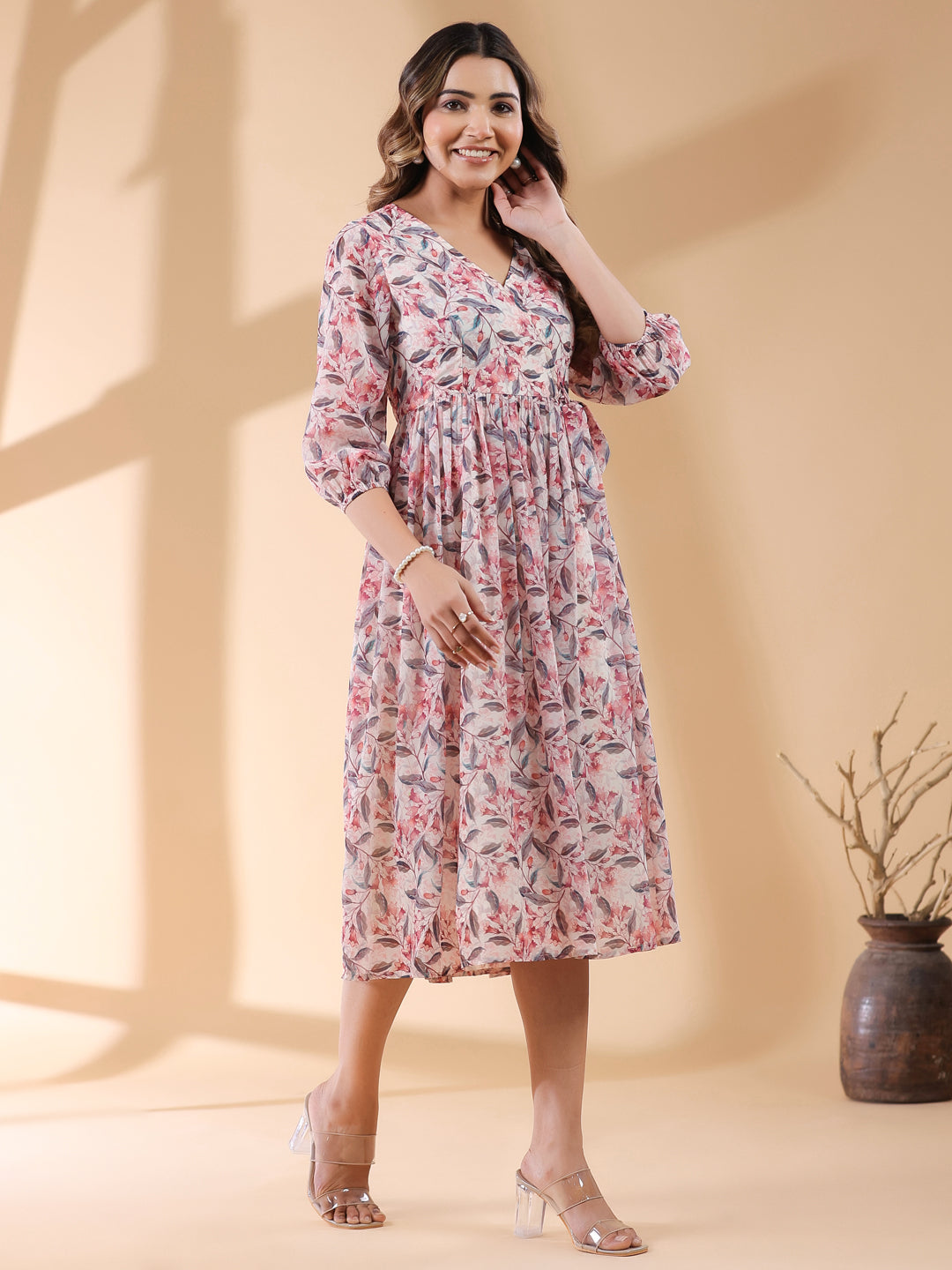 Cream Georgette Floral Printed Wrap Dress