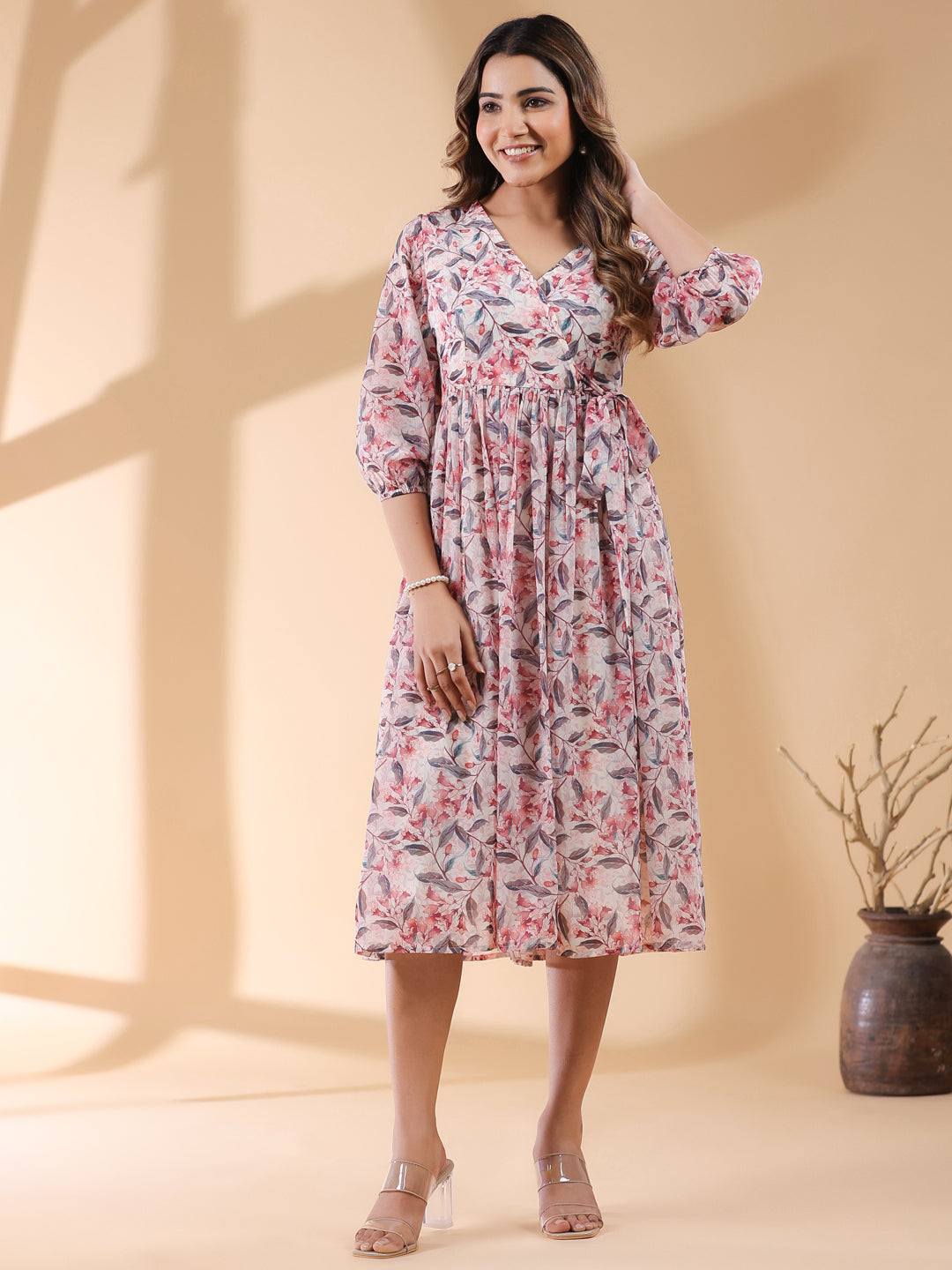 Cream Georgette Floral Printed Wrap Dress