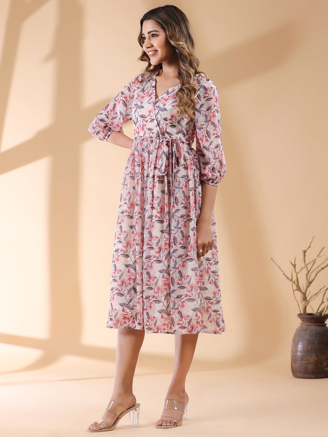 Cream Georgette Floral Printed Wrap Dress