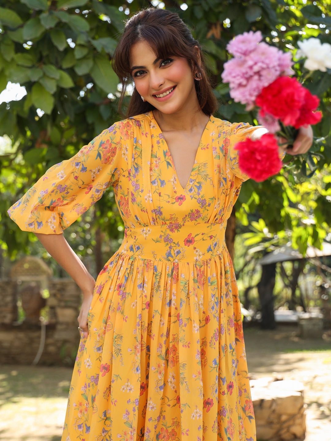 Mustard Georgette Floral Printed Gathered Dress