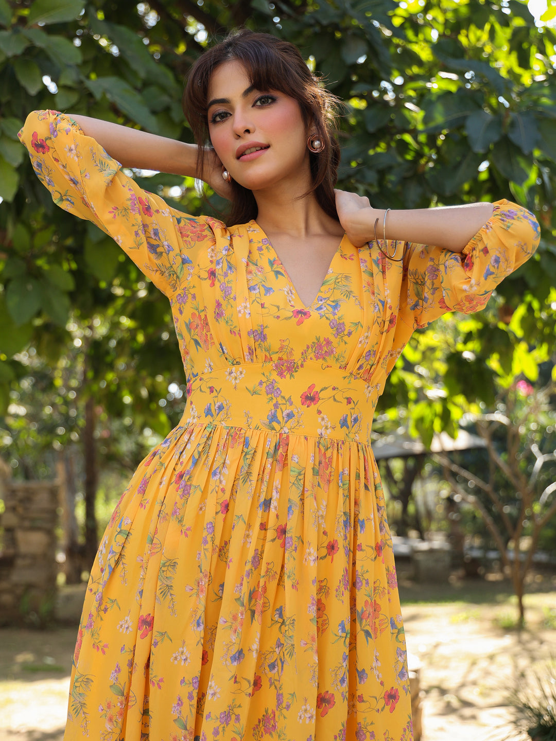 Mustard Georgette Floral Printed Gathered Dress