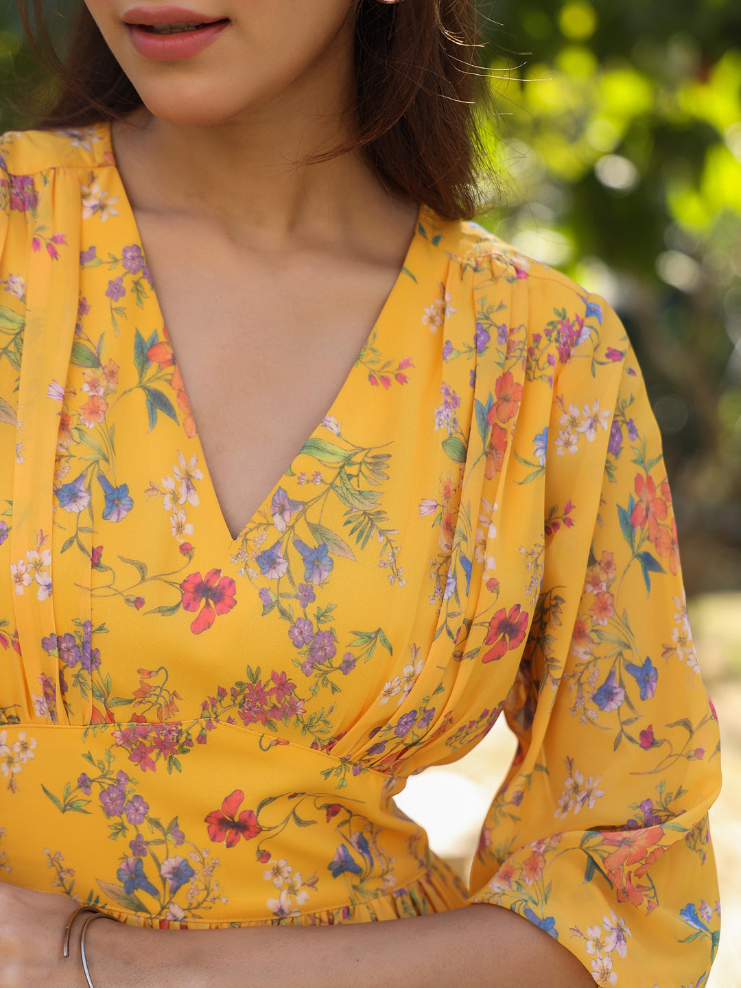 Mustard Georgette Floral Printed Gathered Dress