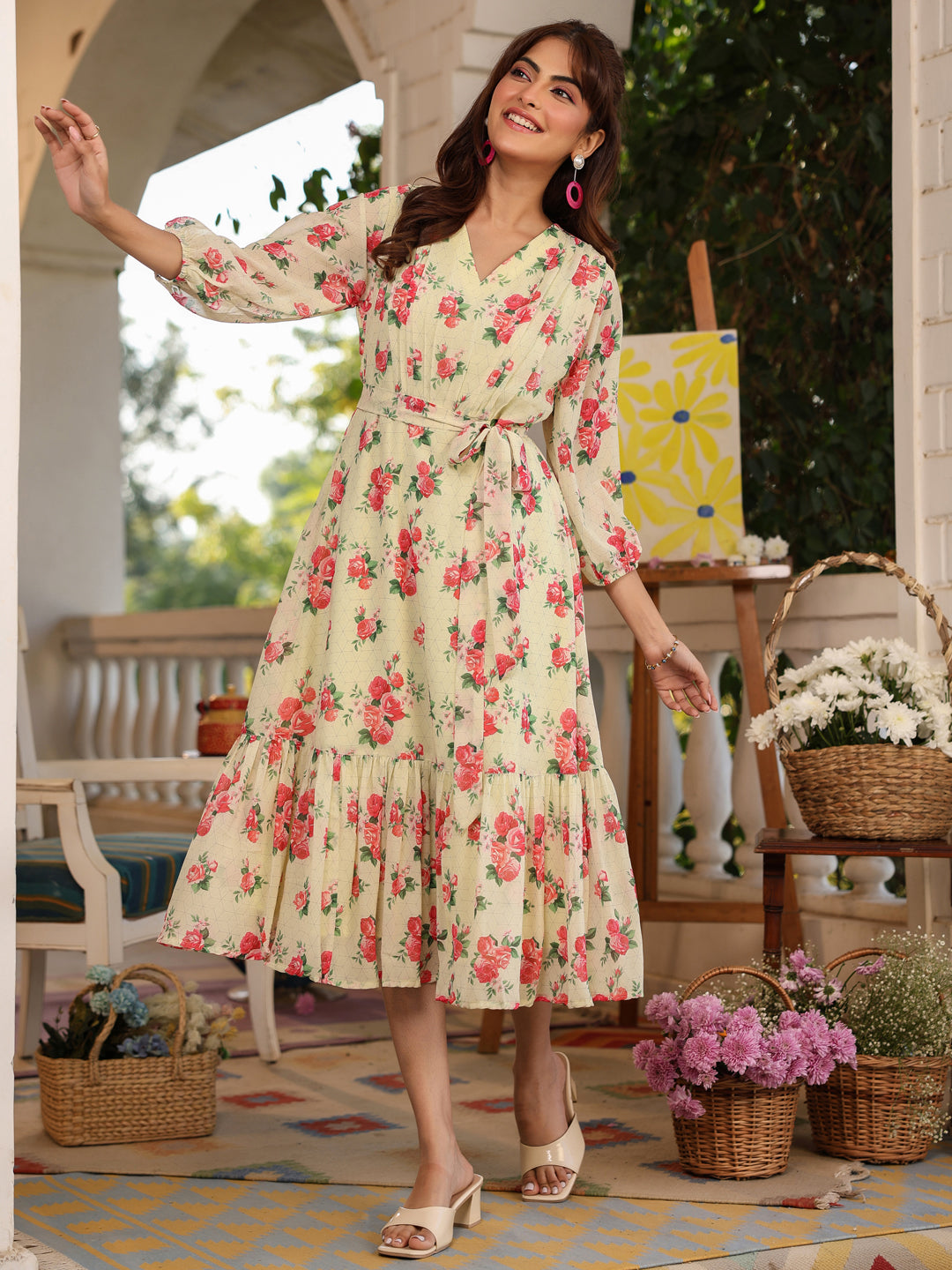 Light Yellow Georgette Floral Printed Fit & Flare Dress