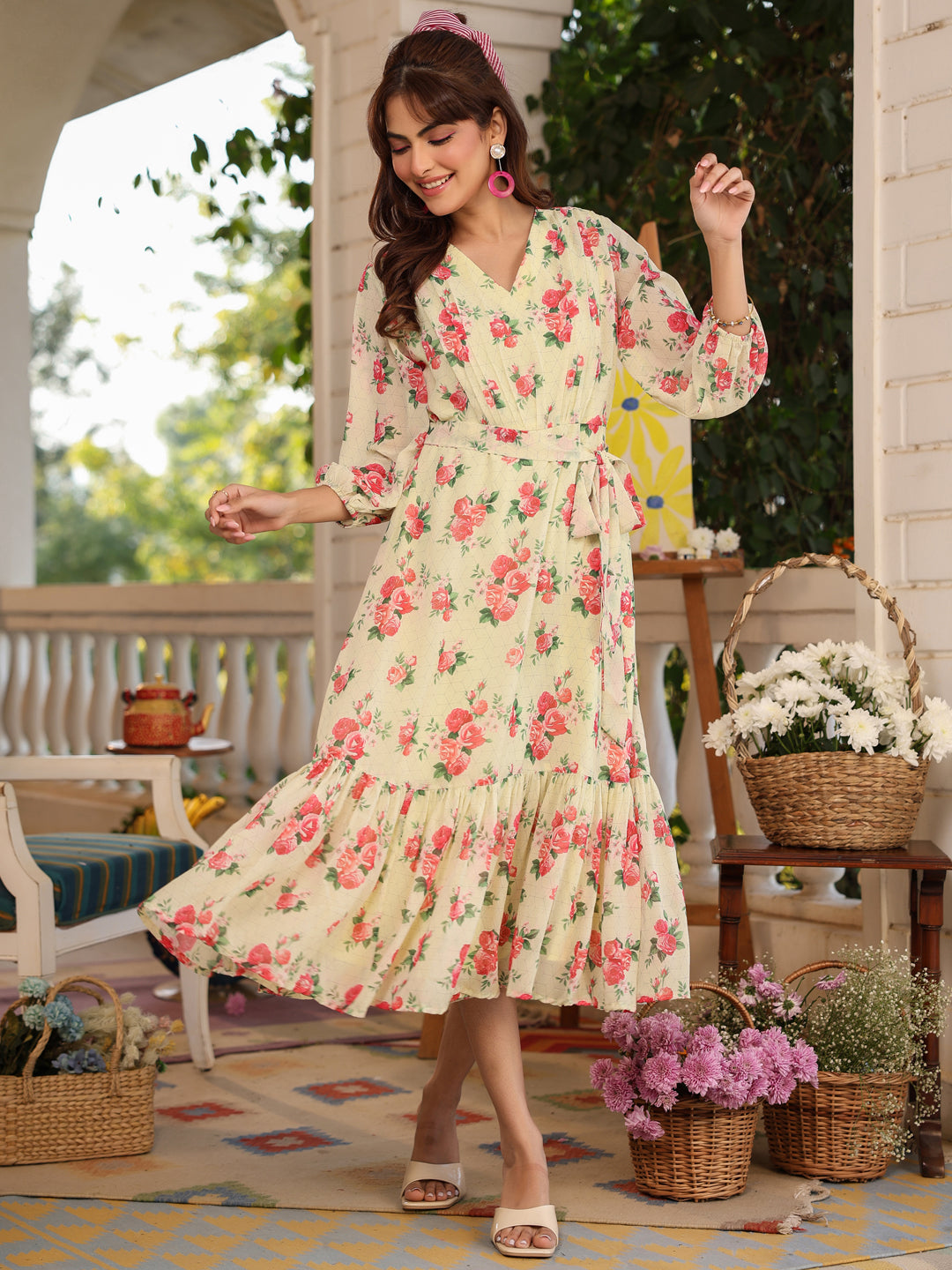 Light Yellow Georgette Floral Printed Fit & Flare Dress