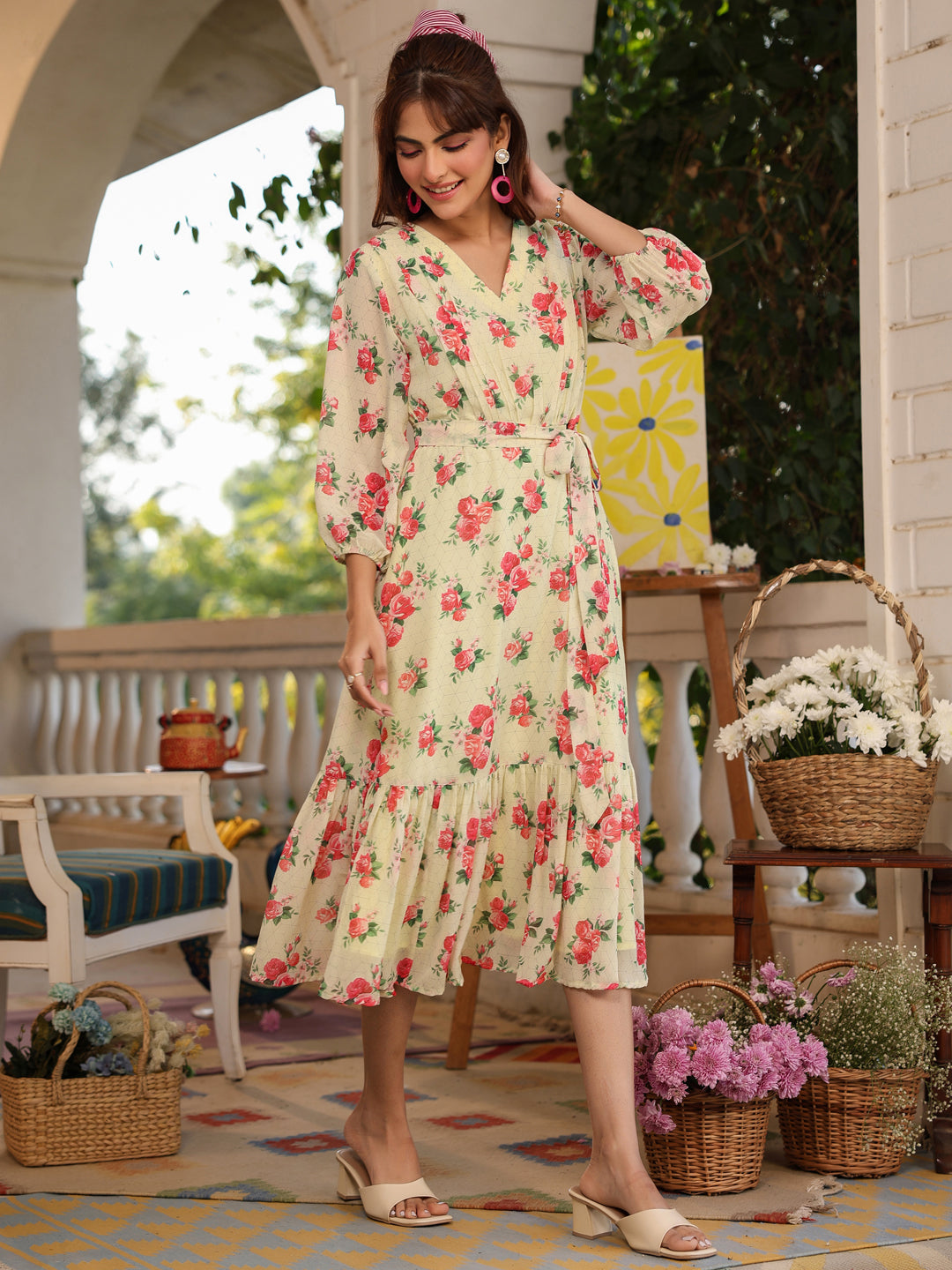 Light Yellow Georgette Floral Printed Fit & Flare Dress