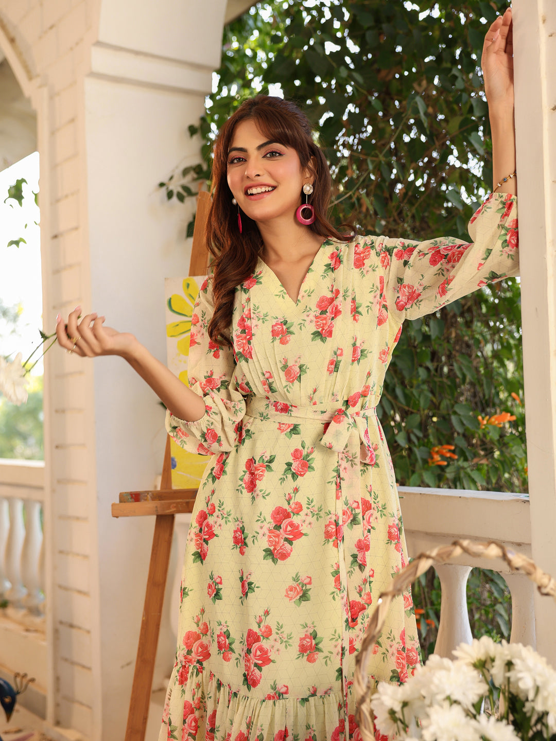 Light Yellow Georgette Floral Printed Fit & Flare Dress