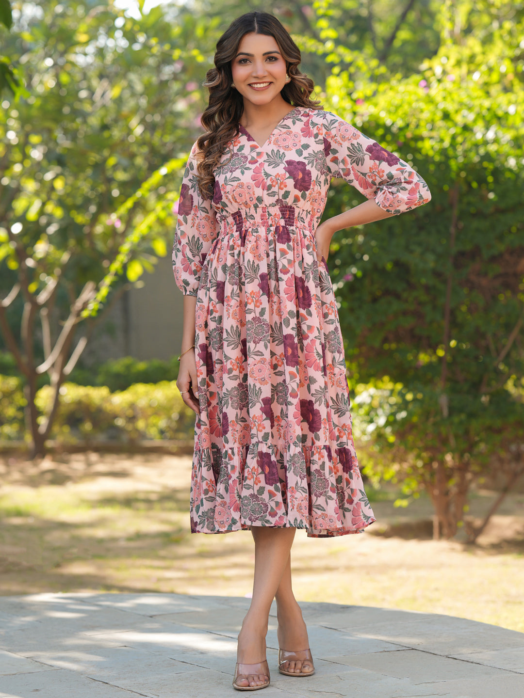 Peach Georgette Floral Printed Fit & Flare Dress