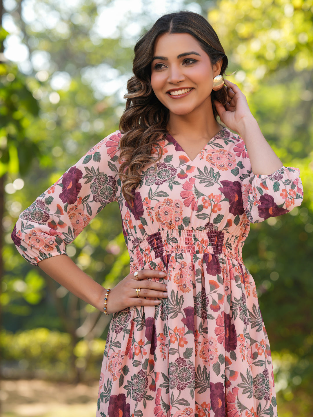 Peach Georgette Floral Printed Fit & Flare Dress