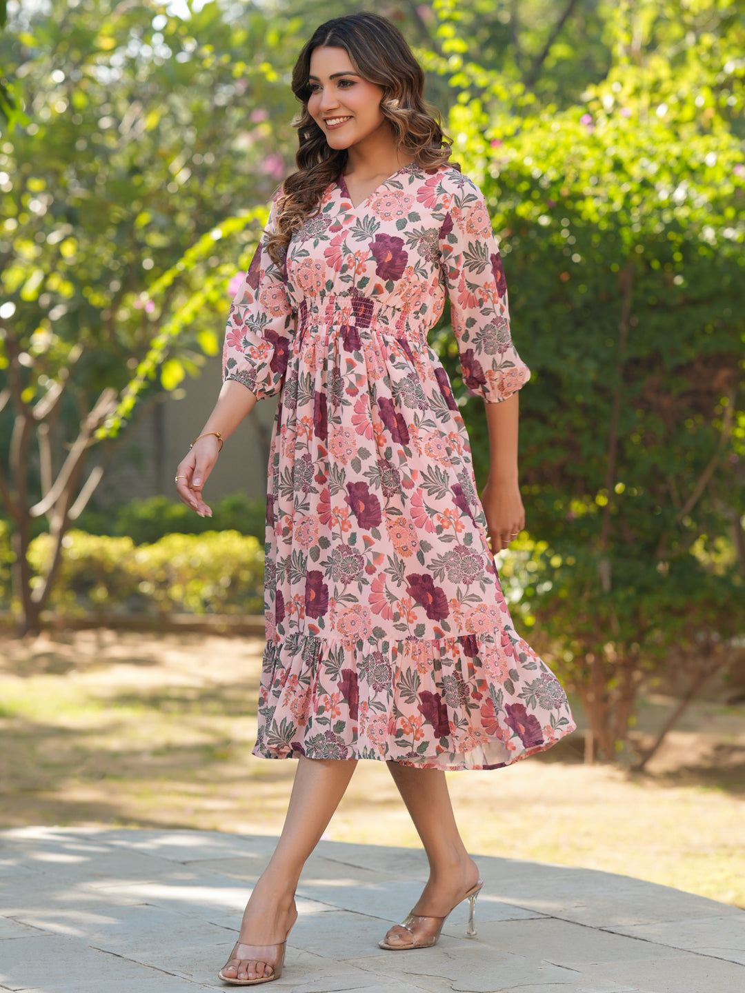 Peach Georgette Floral Printed Fit & Flare Dress