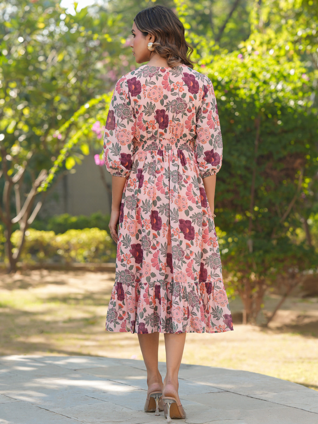 Peach Georgette Floral Printed Fit & Flare Dress