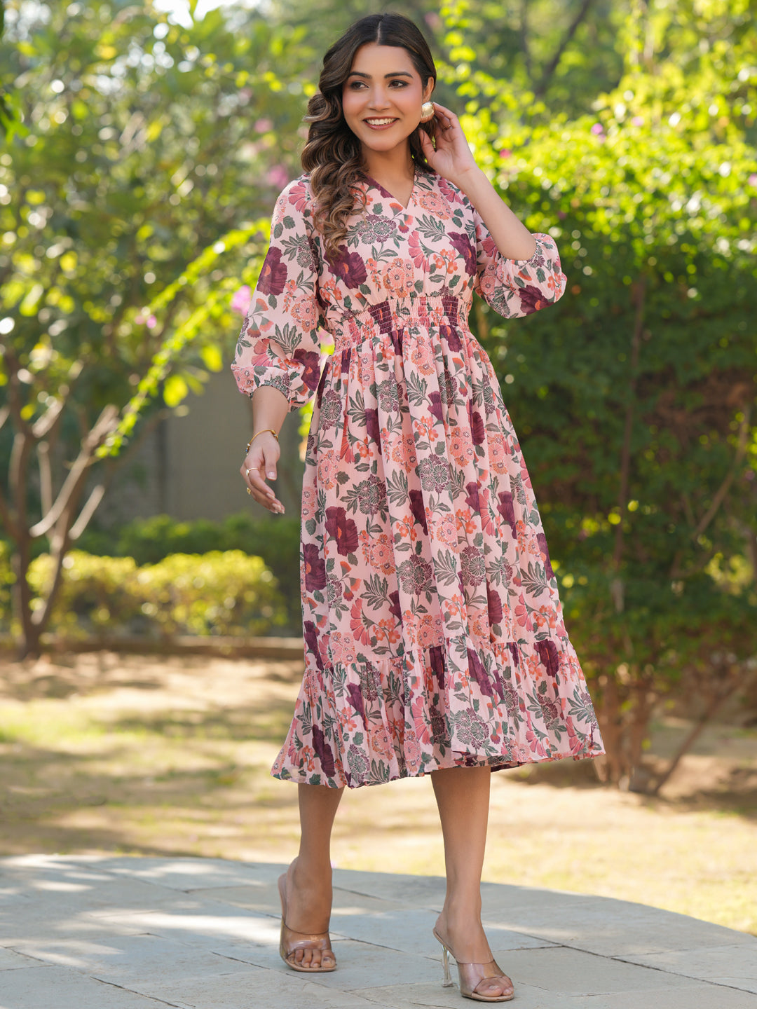 Peach Georgette Floral Printed Fit & Flare Dress