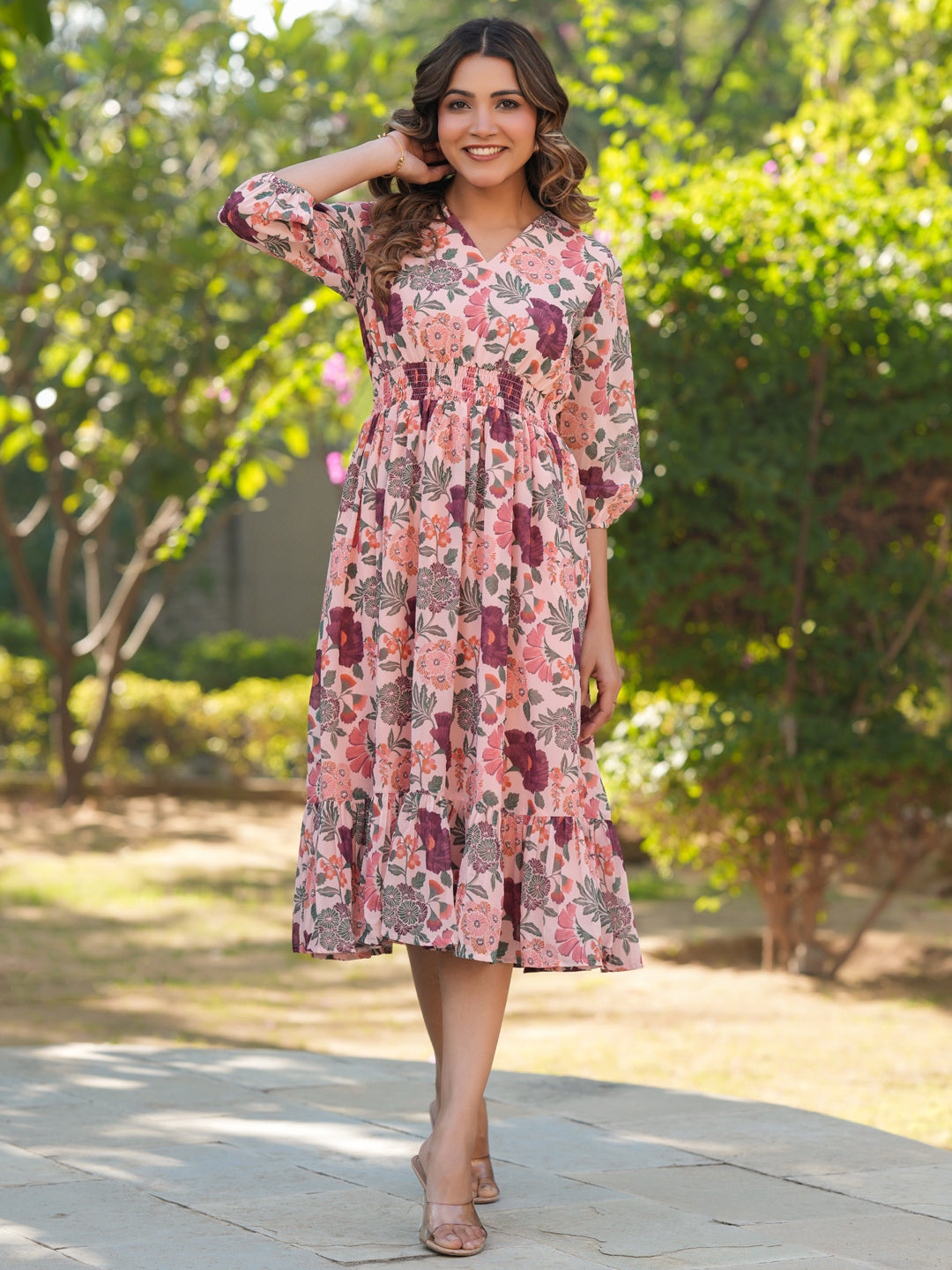 Peach Georgette Floral Printed Fit & Flare Dress