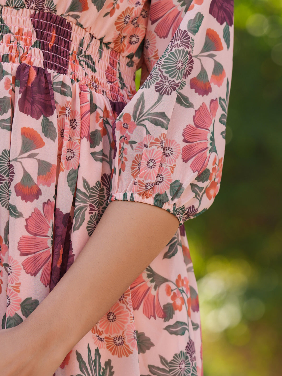 Peach Georgette Floral Printed Fit & Flare Dress