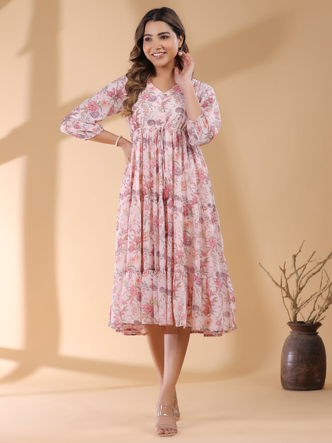 Pink Georgette Floral Printed Tiered Dress