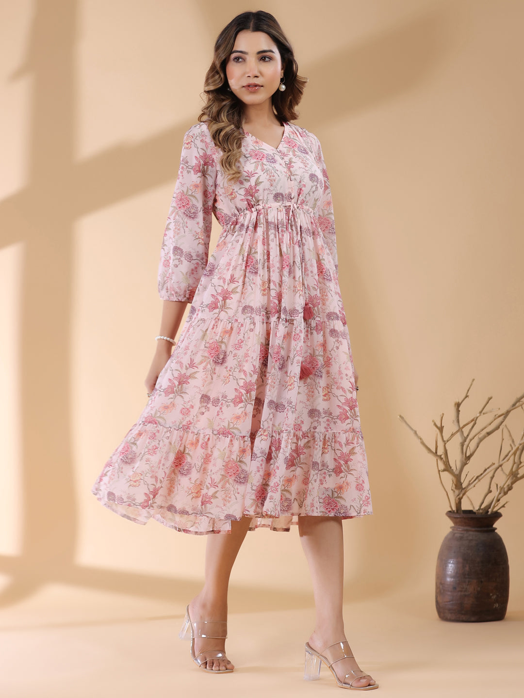 Pink Georgette Floral Printed Tiered Dress