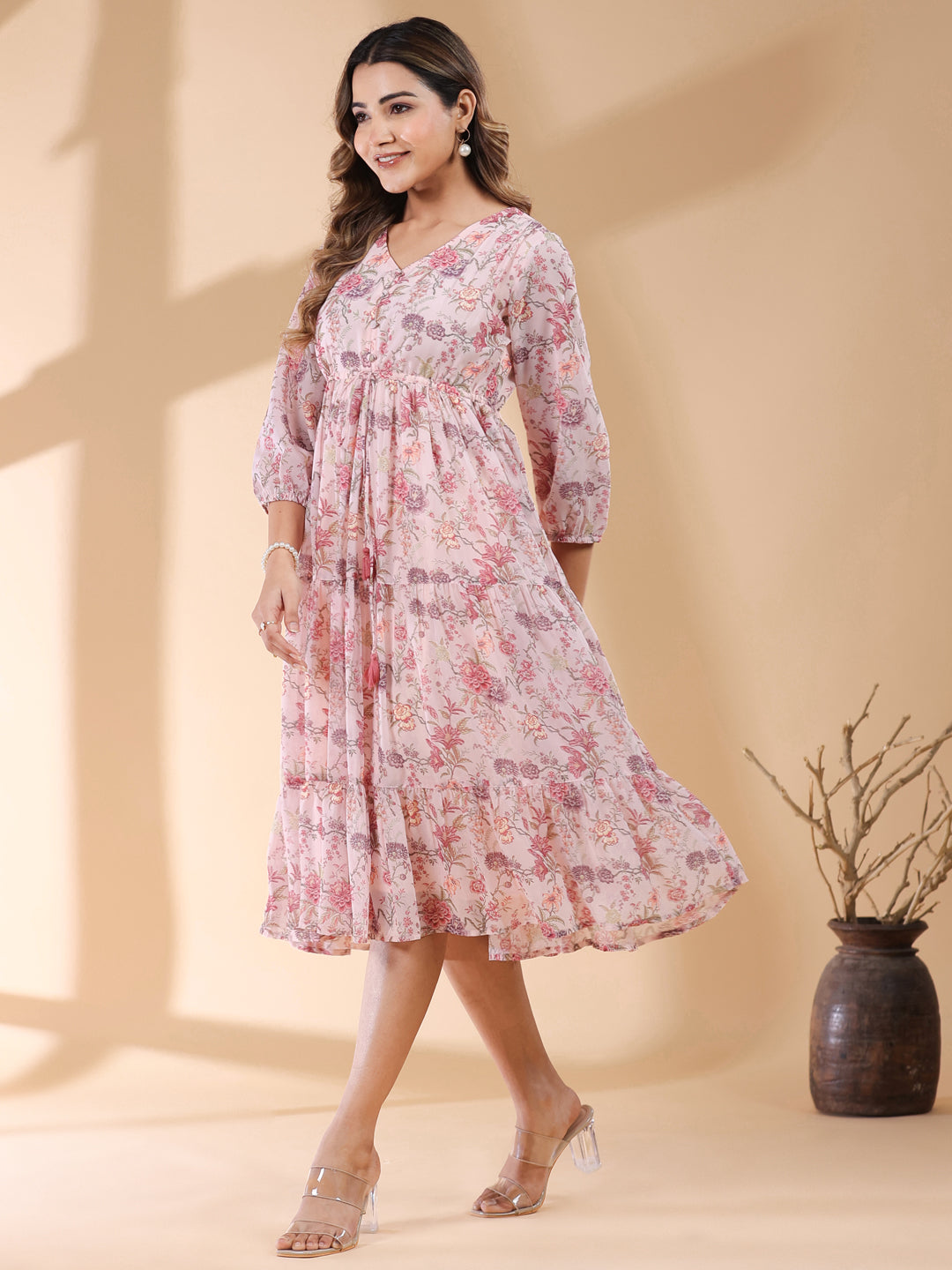 Pink Georgette Floral Printed Tiered Dress