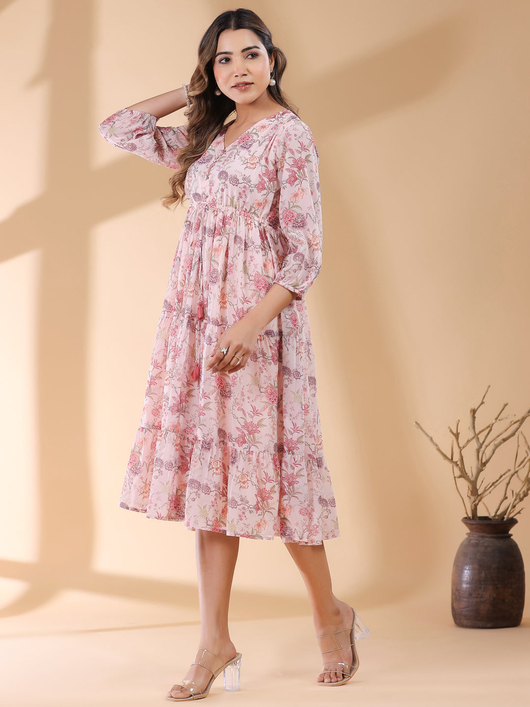 Pink Georgette Floral Printed Tiered Dress