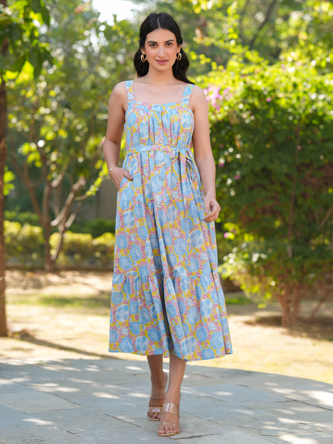 Light Blue Pure Cotton Floral Tiered Dress