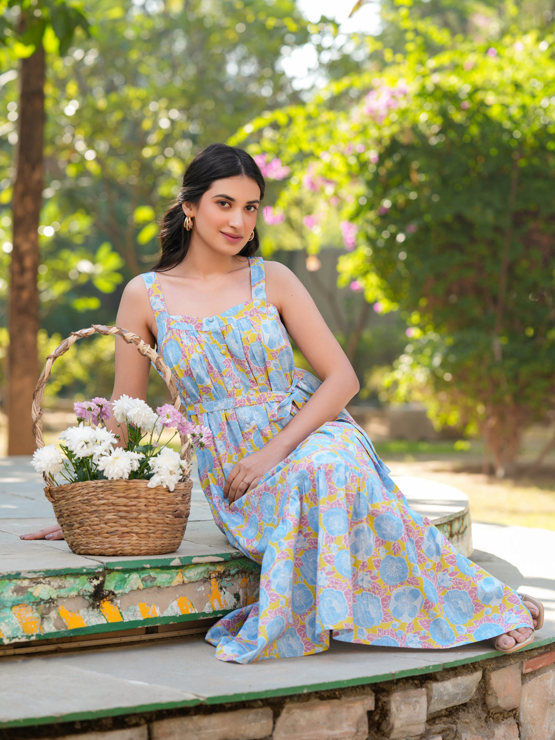 Light Blue Pure Cotton Floral Tiered Dress