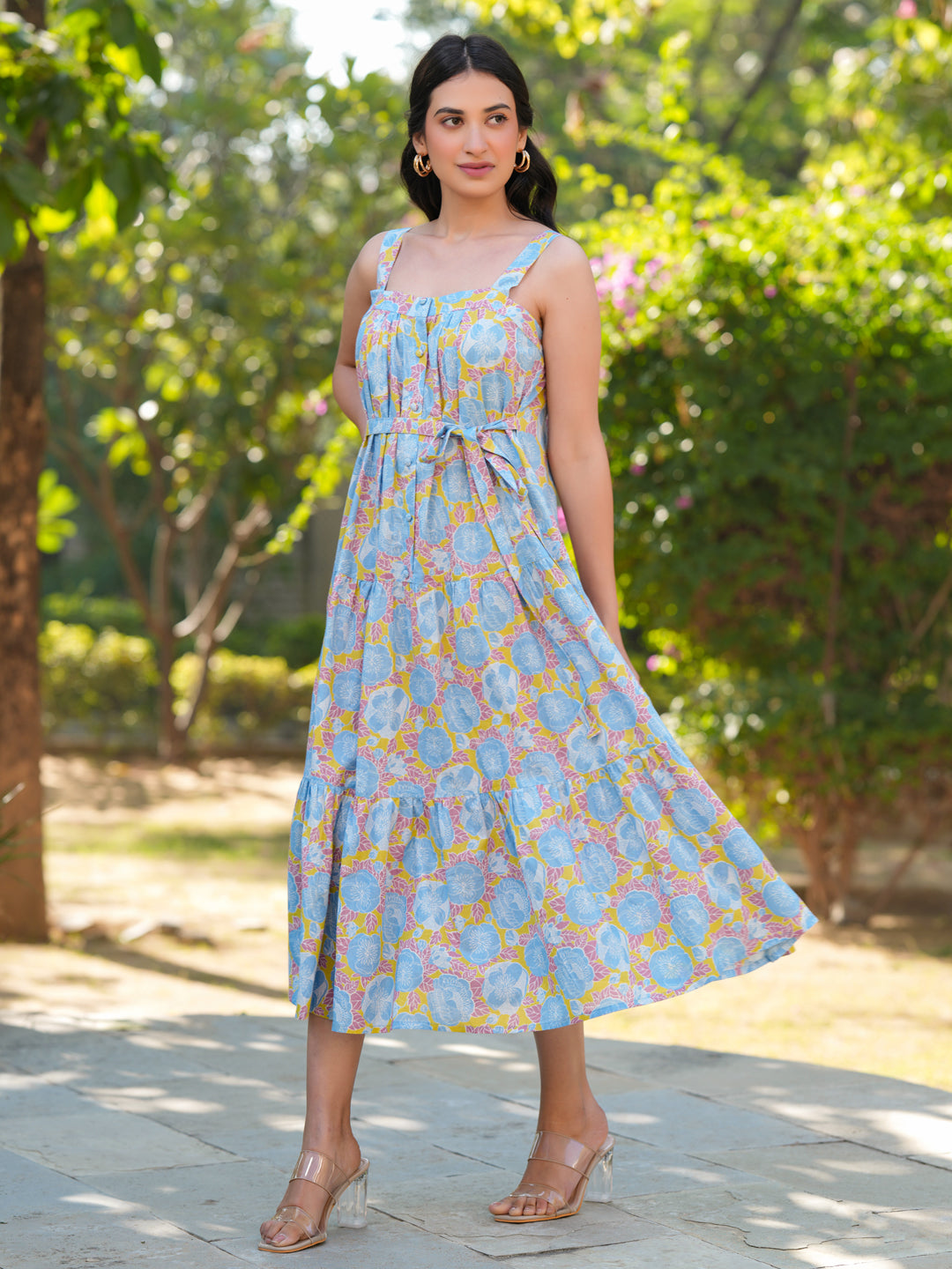 Light Blue Pure Cotton Floral Tiered Dress