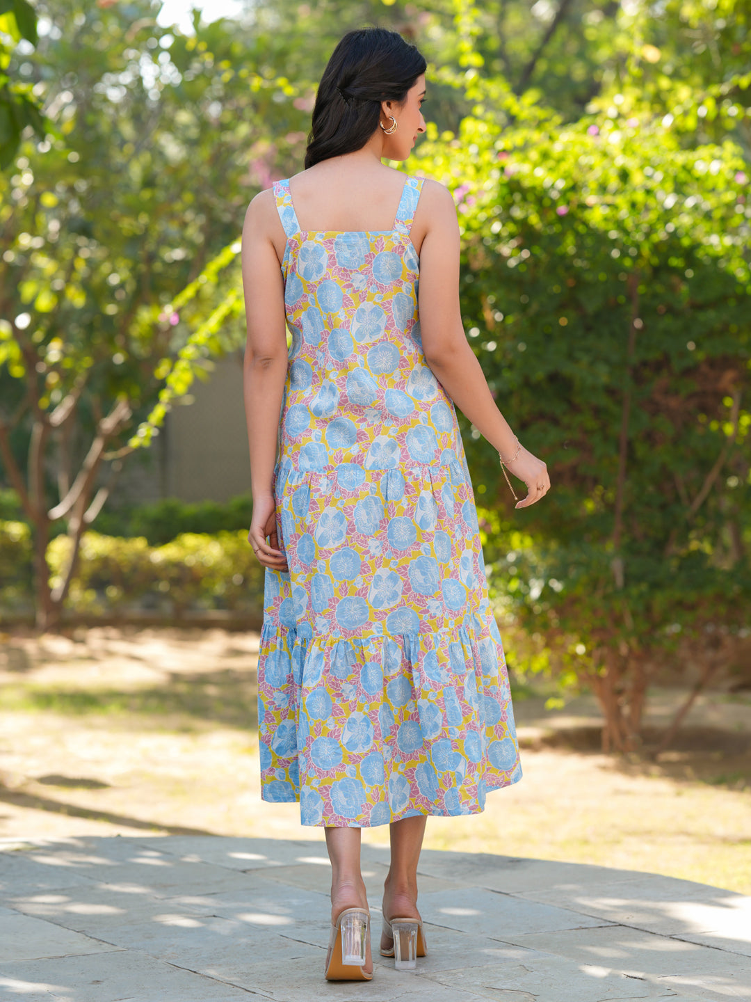 Light Blue Pure Cotton Floral Tiered Dress