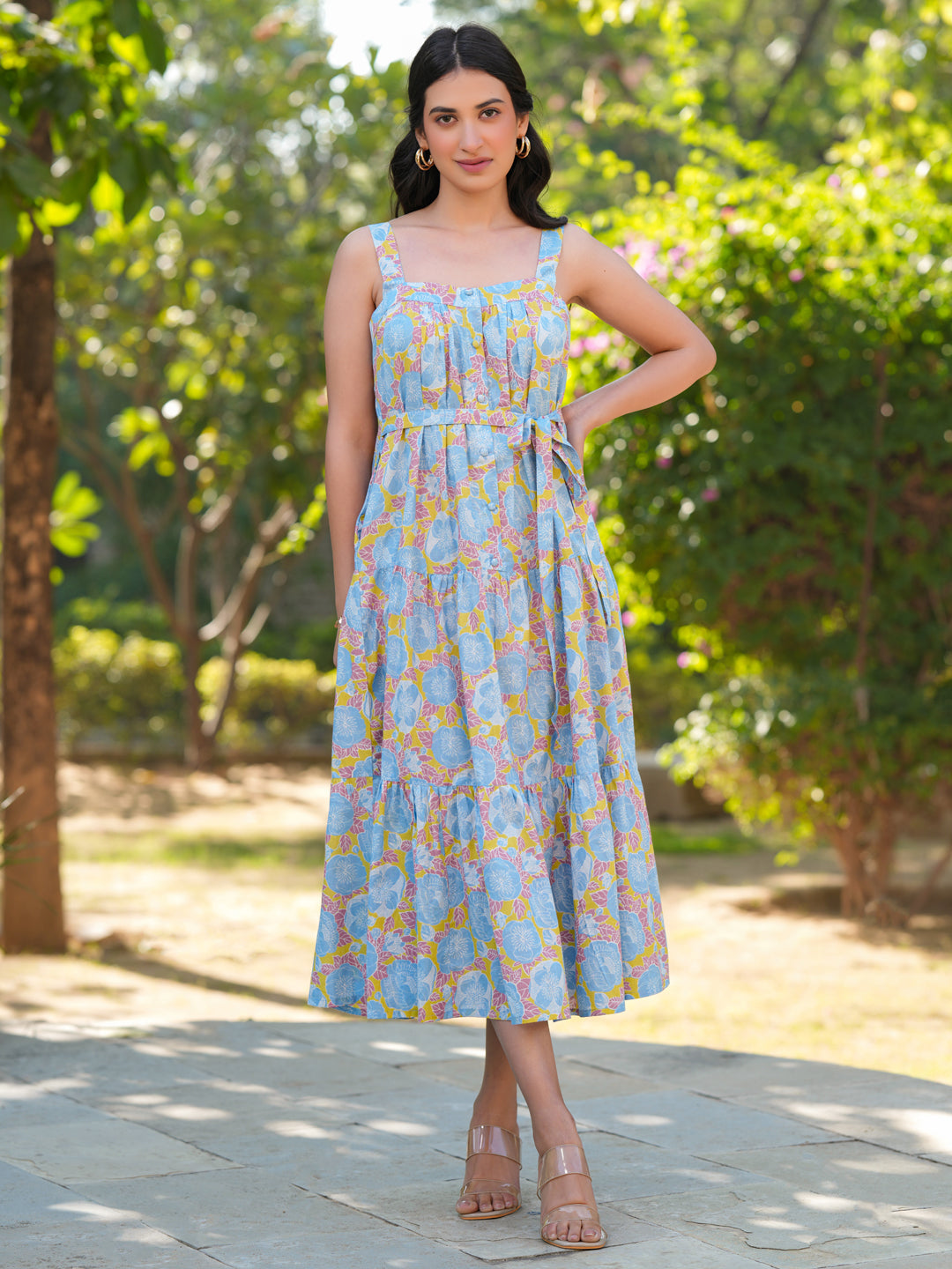 Light Blue Pure Cotton Floral Tiered Dress