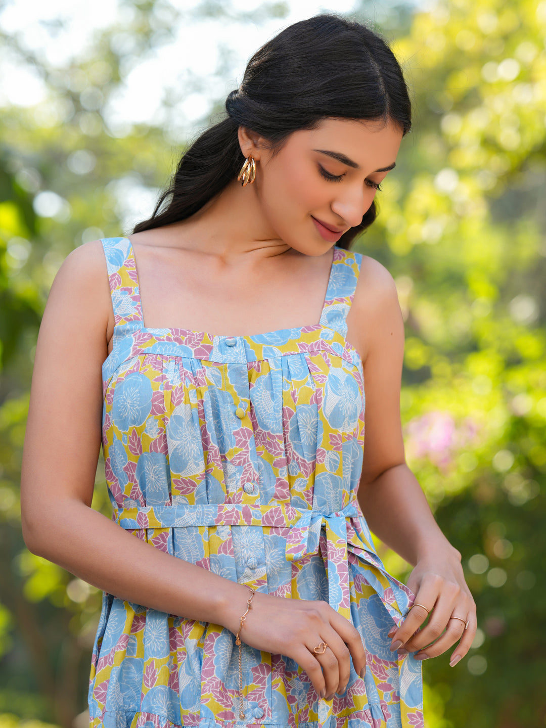 Light Blue Pure Cotton Floral Tiered Dress