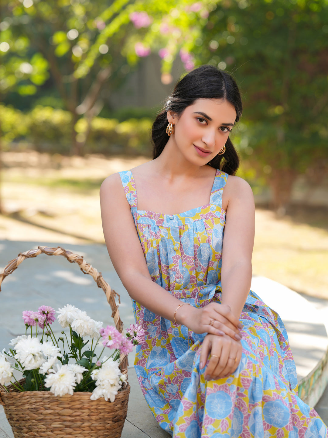 Light Blue Pure Cotton Floral Tiered Dress