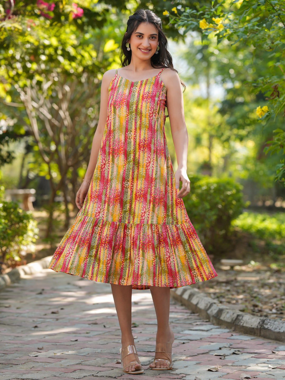 Multicolor Pure Cotton Floral Printed Tiered Dress