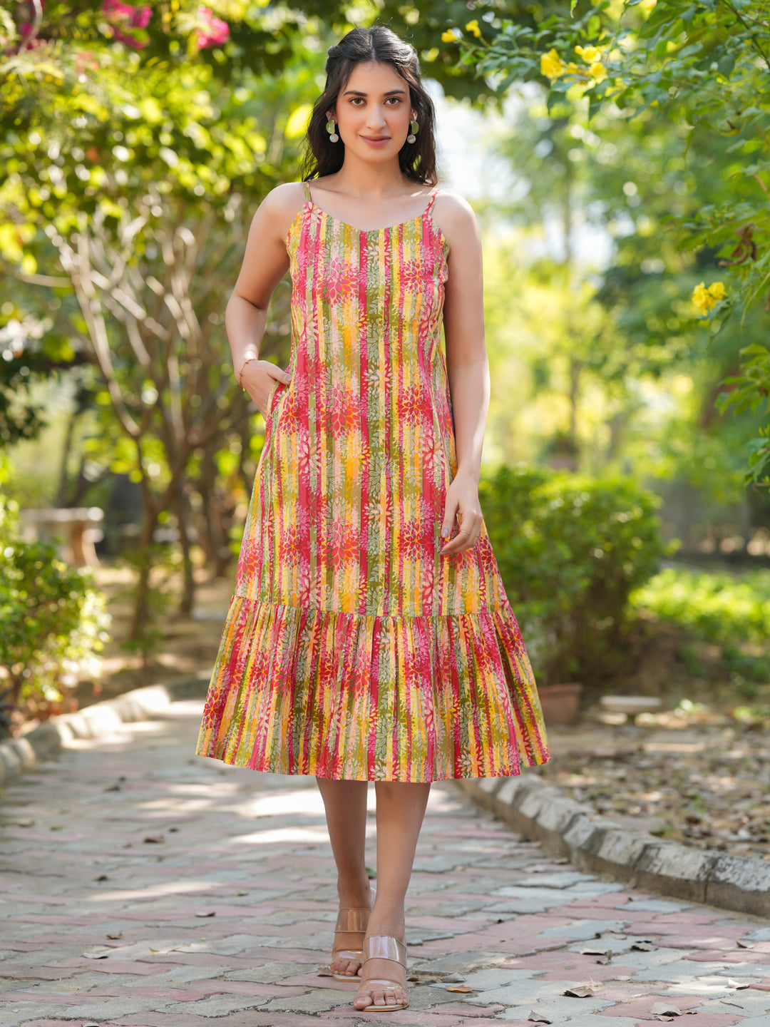 Multicolor Pure Cotton Floral Printed Tiered Dress